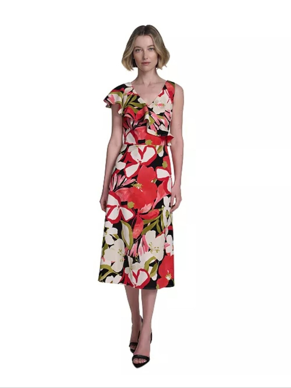 NWT Halston Floral Dress 14 Pink Black Ruffle One Shoulder Wedding Guest $144